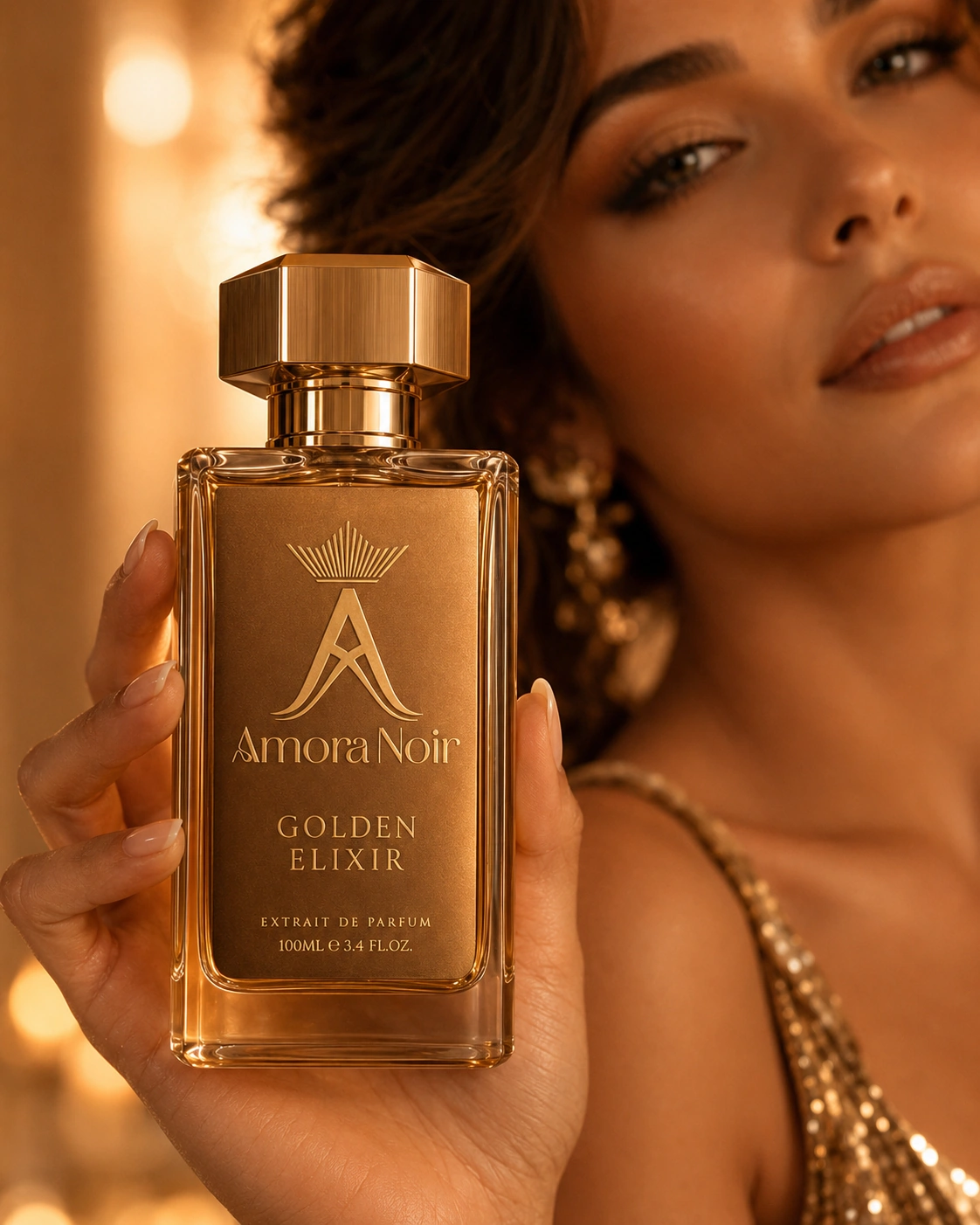 Detail closeup of elegant hands displaying the Golden Elixir perfume bottle